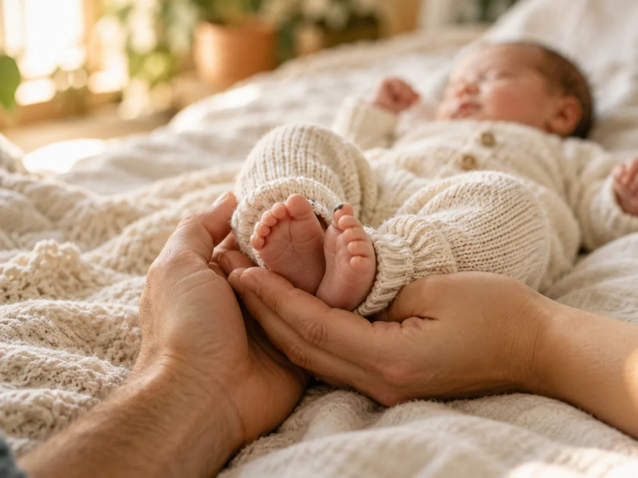 A parent gently holding a baby’s tiny feet on a knitted blanket
