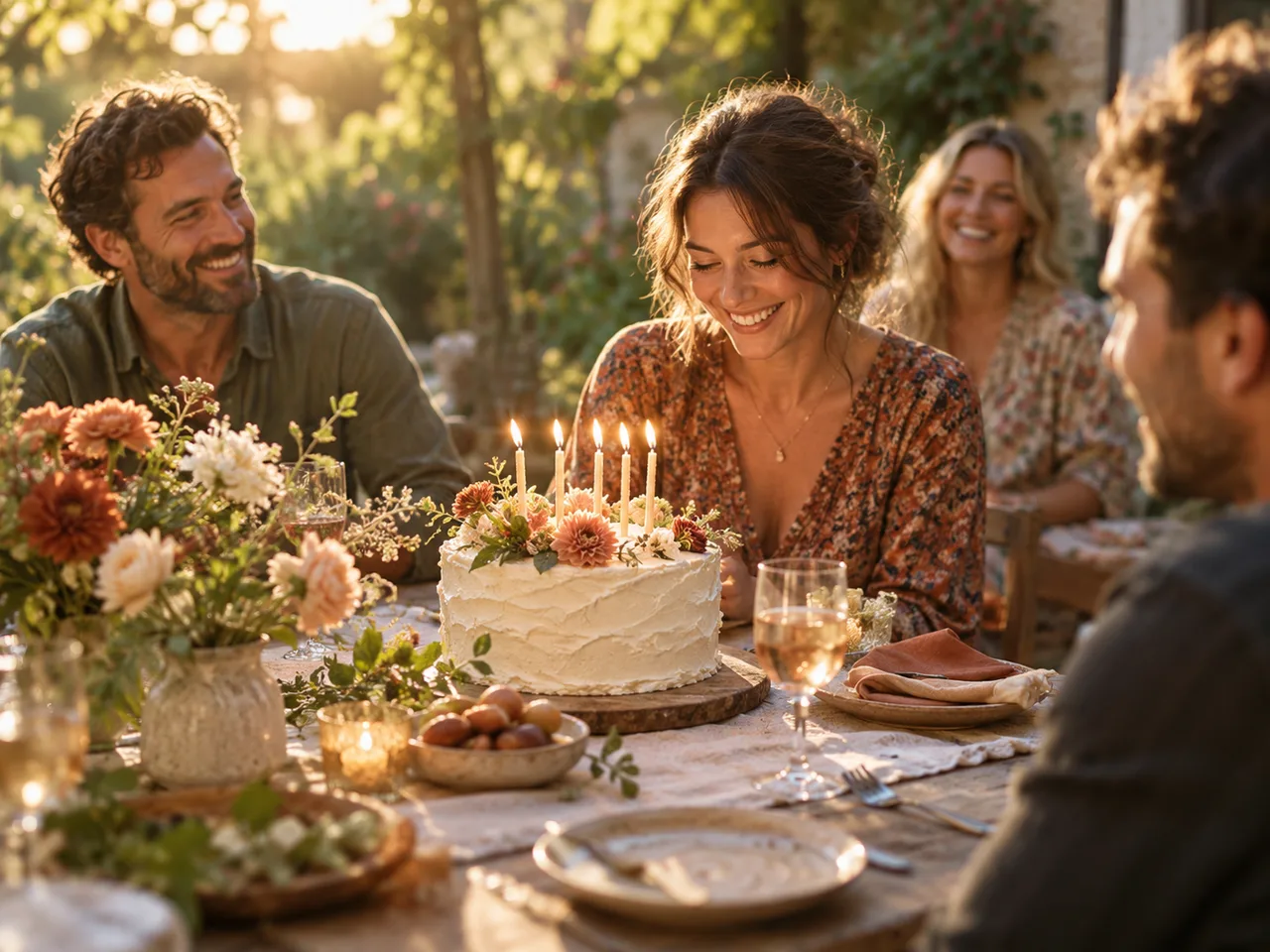 A birthday cake with candles at a garden gathering