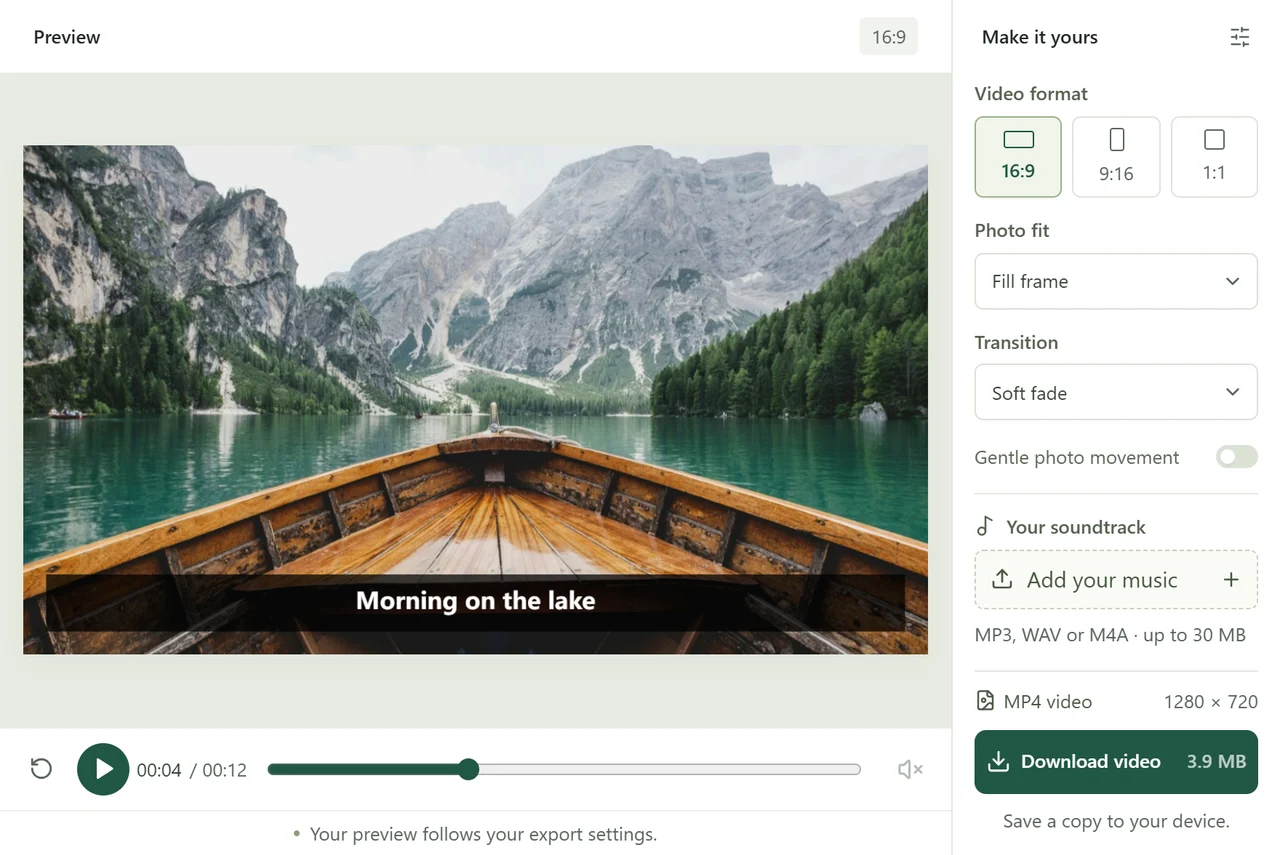 The workbench showing a landscape lake photo, 16:9 format, 1280 by 720 output and a completed Download video button