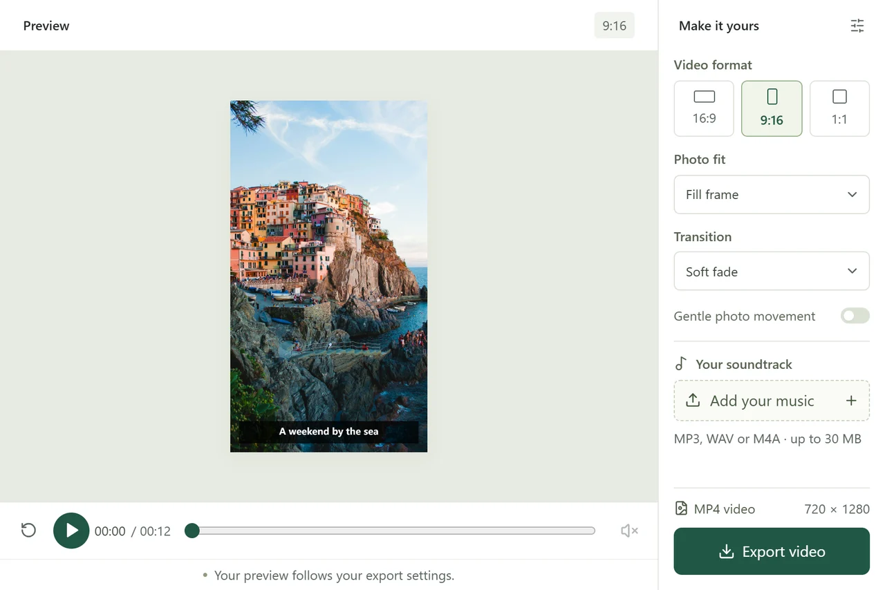 The slideshow workbench showing a vertical photo, its caption and the selected 9:16 video format