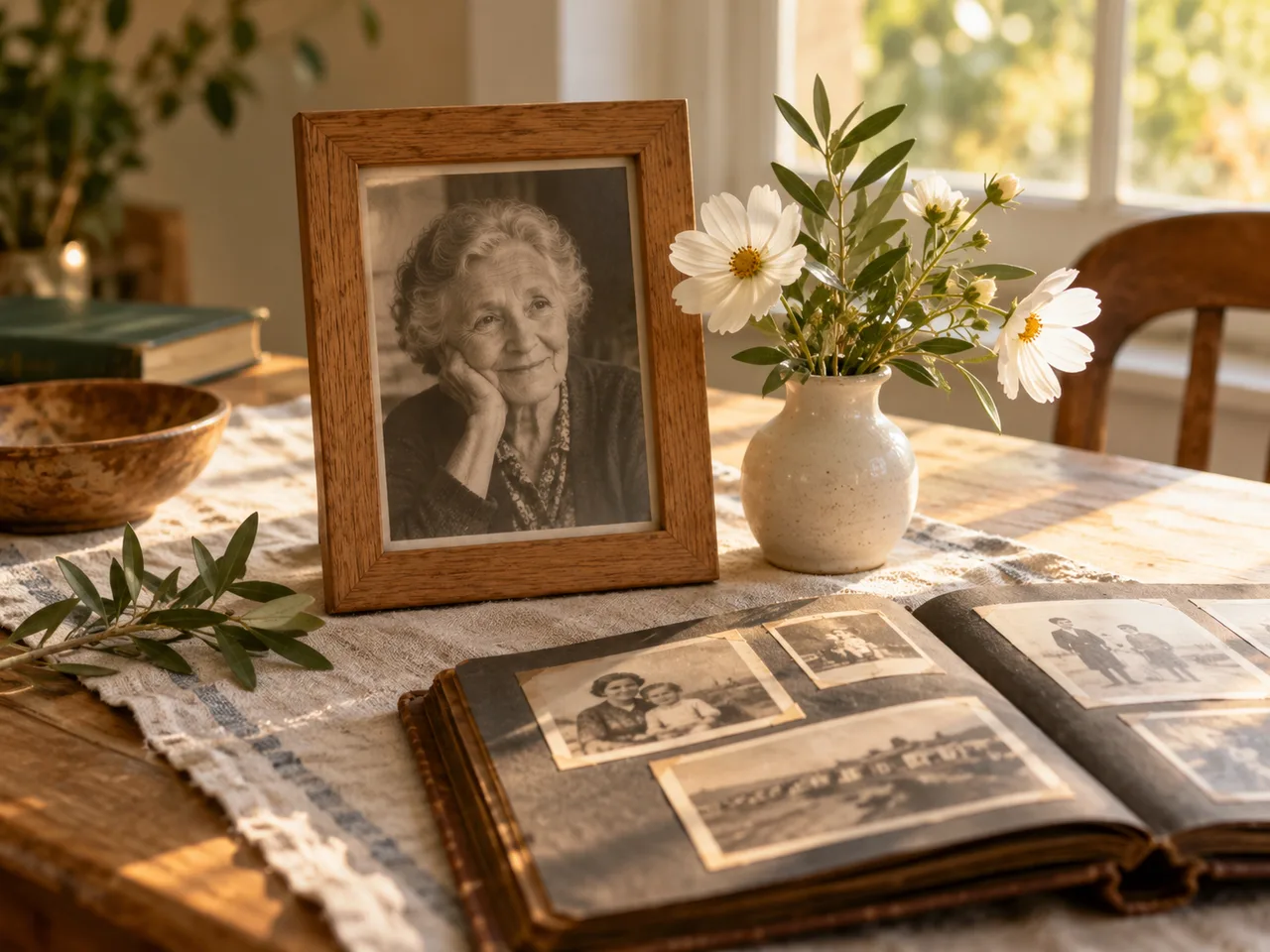 A framed portrait, family album and white flowers beside a window
