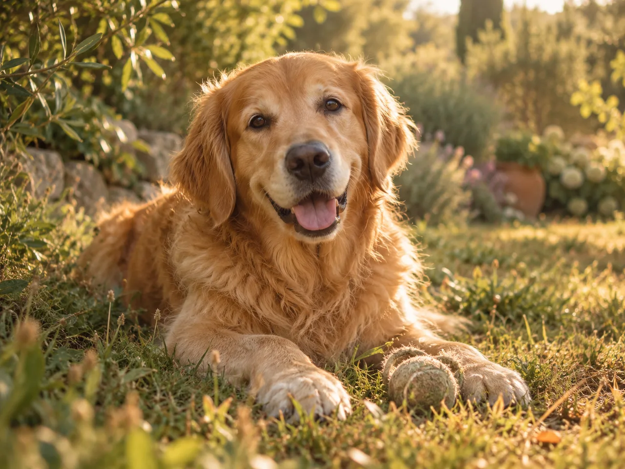 A golden retriever resting in a sunlit garden