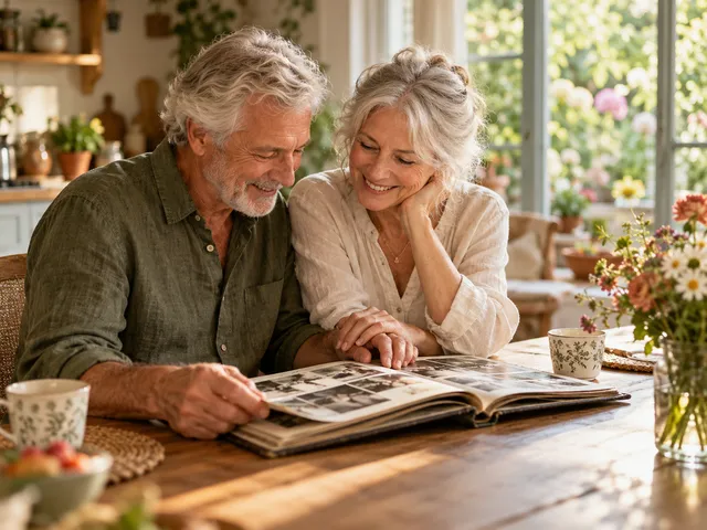 An older couple enjoying a family photo album together