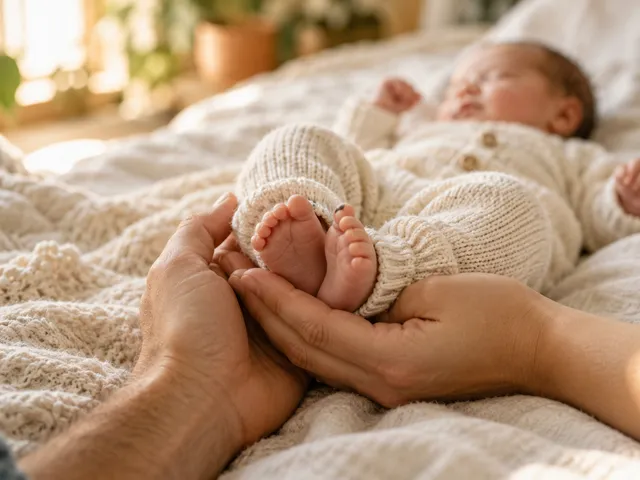 A parent gently holding a baby’s tiny feet on a knitted blanket
