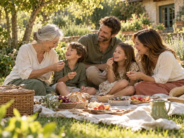 Three generations sharing a relaxed picnic in a leafy garden