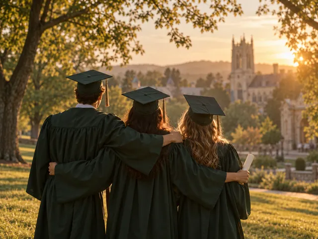 Three graduates celebrating together on a tree-lined campus