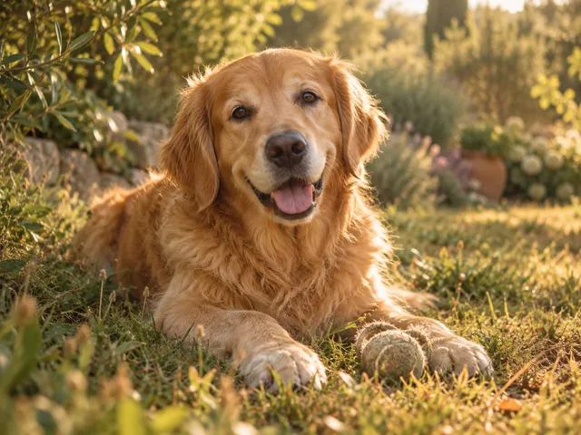 A golden retriever resting in a sunlit garden