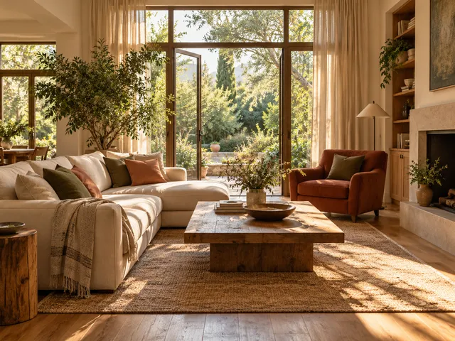 A light-filled living room with warm wood and a garden view