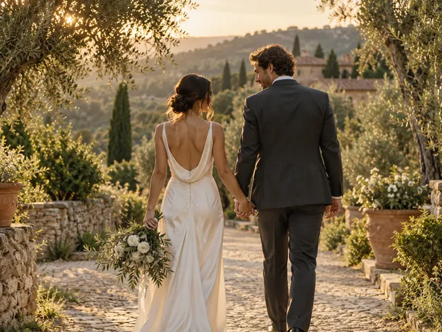 A newly married couple walking hand in hand through an olive garden
